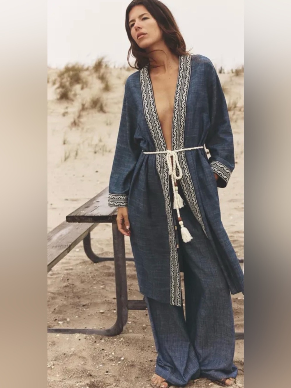 Zara Embroidered Belted Kimono XS-S Indigo Linen Blend Boho Cover Up